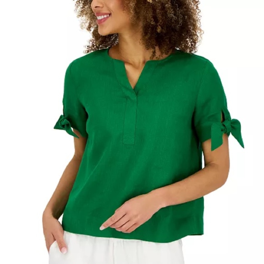 Charter Club Women's Linen Split-Neck Tie-Cuff Top size M